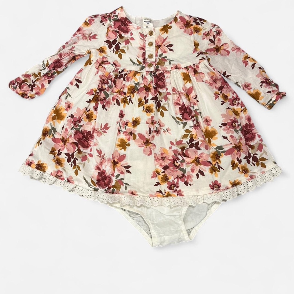 OshKosh B'gosh Girl’s Pink Floral Long Sleeve Eyelet Dress, Size 18 months
